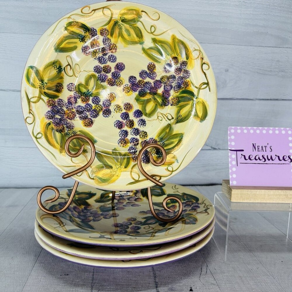 Tabletops VINTAGE WINE Purple Grapes Hand Crafted Ceramic Dinner Plates Set of 4